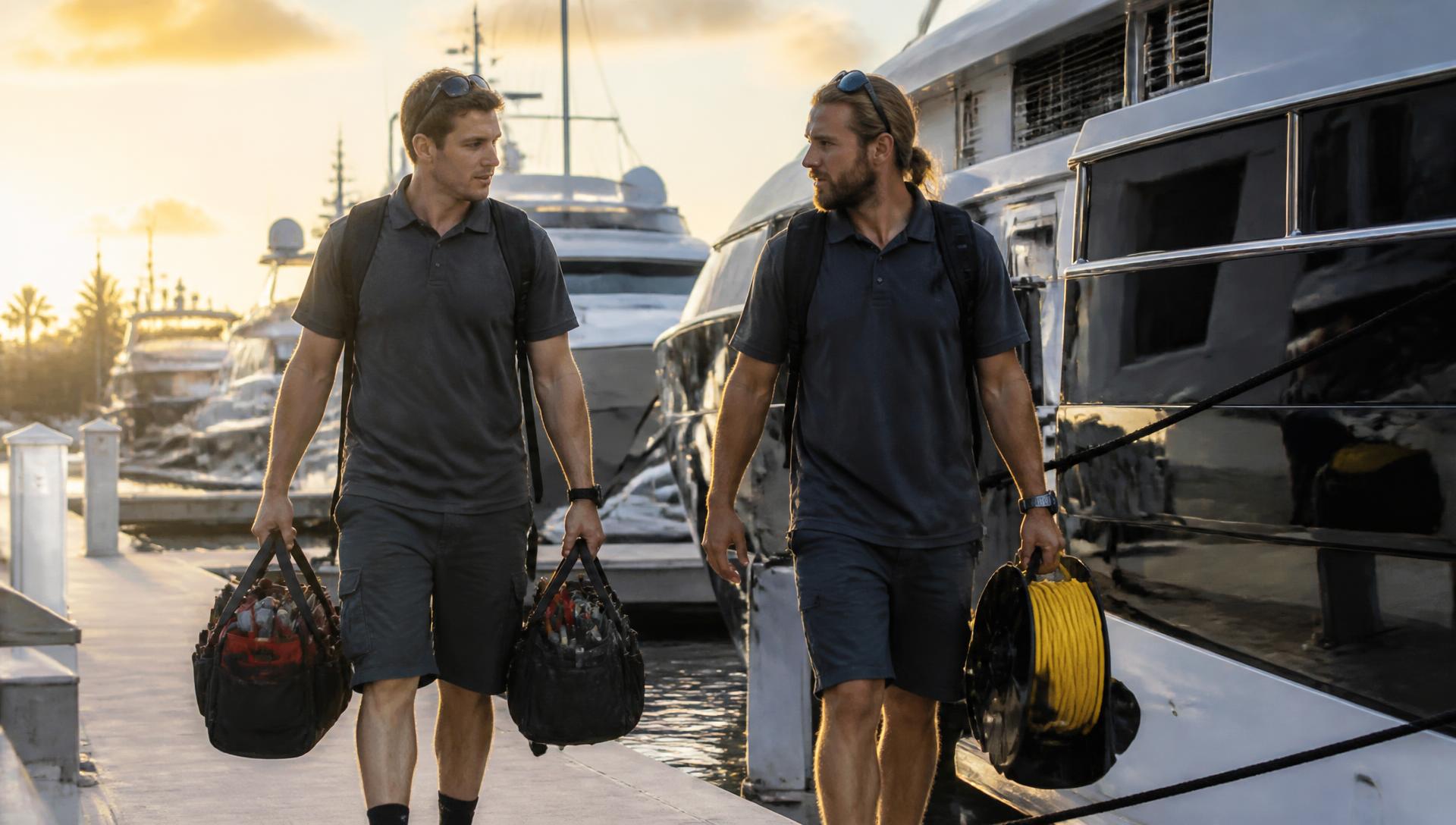 Prism Marine Electric technicians walking a Fort Lauderdale superyacht dock with tool bags and a cable reel