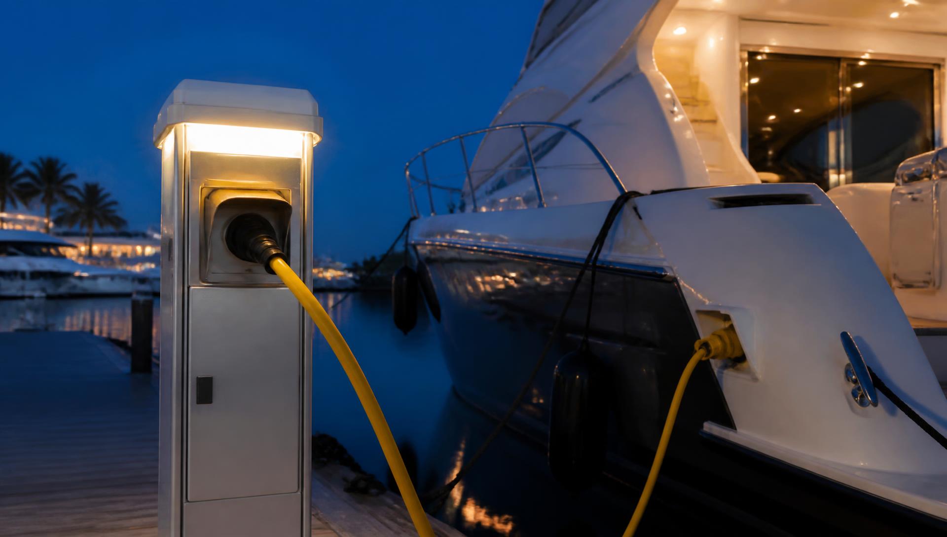 Shore power cable connected between a marina dock pedestal and a motor yacht at blue hour