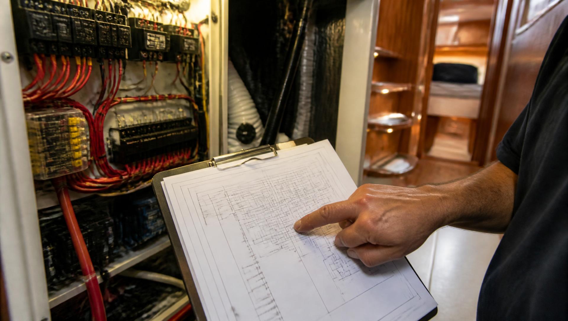 Marine electrician reviewing a wiring schematic beside an open yacht electrical panel