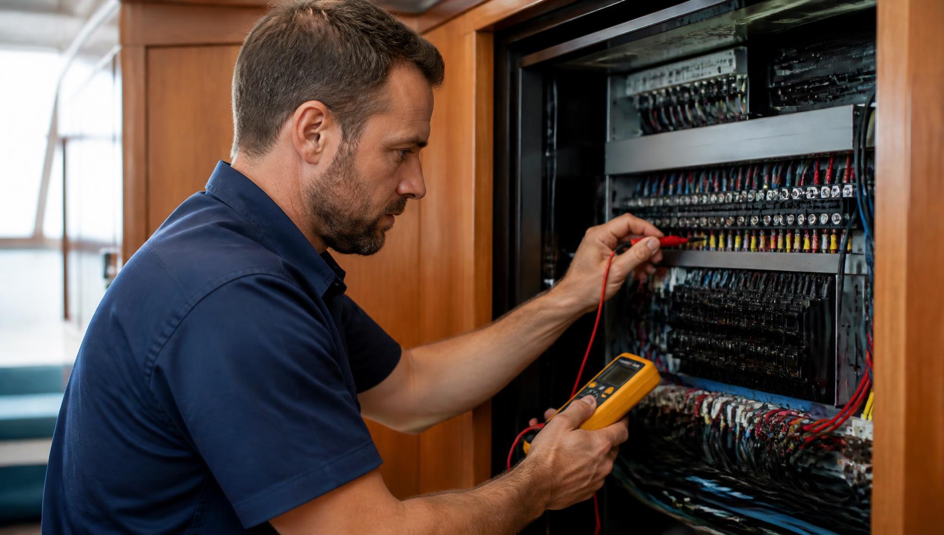 Marine electrician testing terminals inside an open yacht switchboard with a multimeter