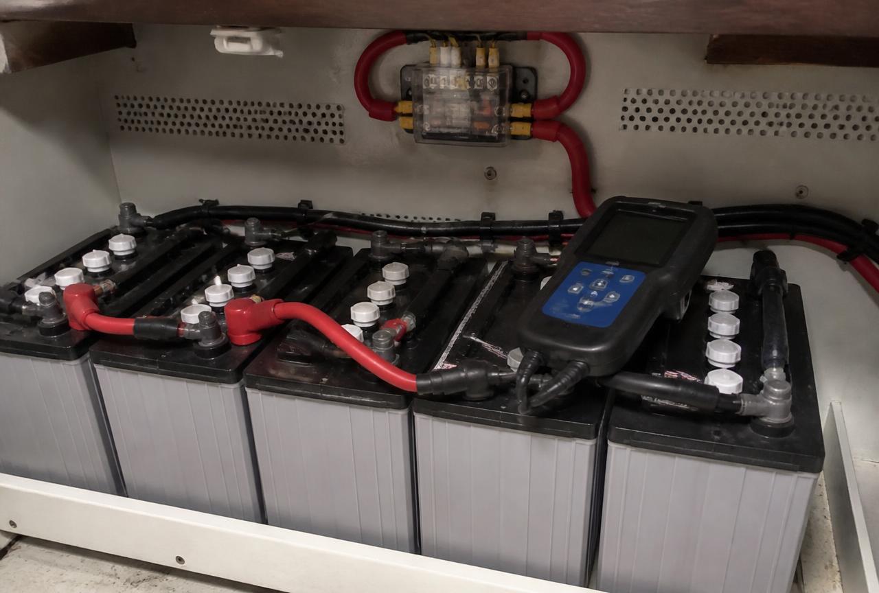Marine battery bank in a ventilated locker with a digital battery load tester on top