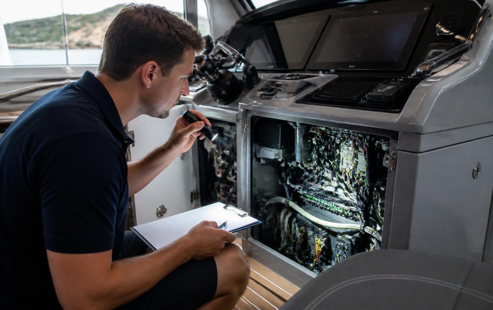 Technician inspecting wiring behind an opened yacht helm console during a pre-purchase survey