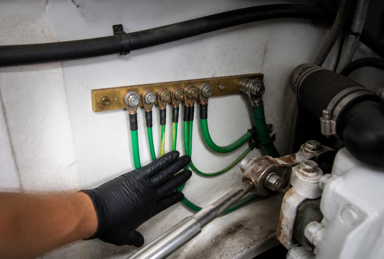 Green bonding cables terminated to a brass grounding bus bar in a yacht engine room