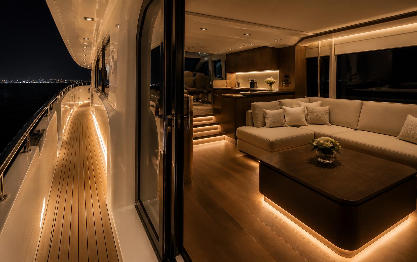 Yacht saloon and side deck lit with warm dimmable LED accent lighting at night